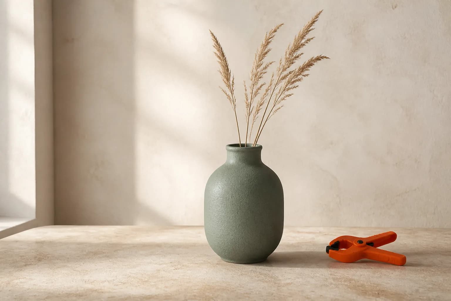 Sage ceramic vase with an unwanted orange utility clamp